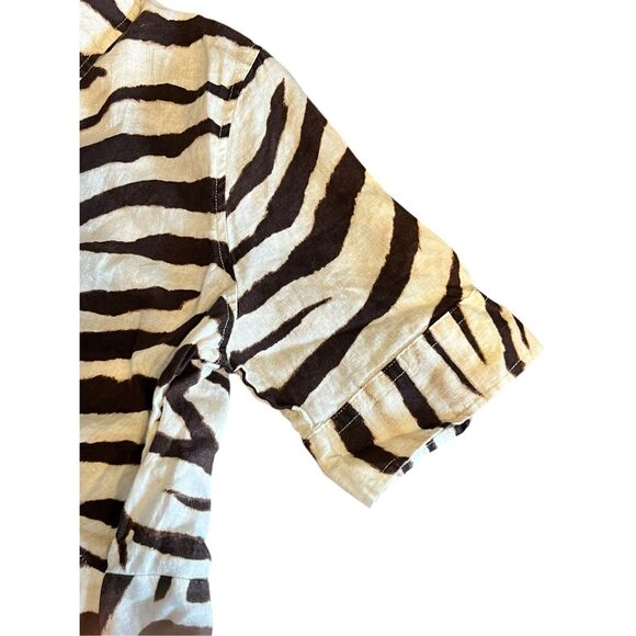 Ralph Lauren Shirt Dress 14 100% Linen Zebra Safari Print Waist Tie 3/4 Sleeve - Picture 7 of 11